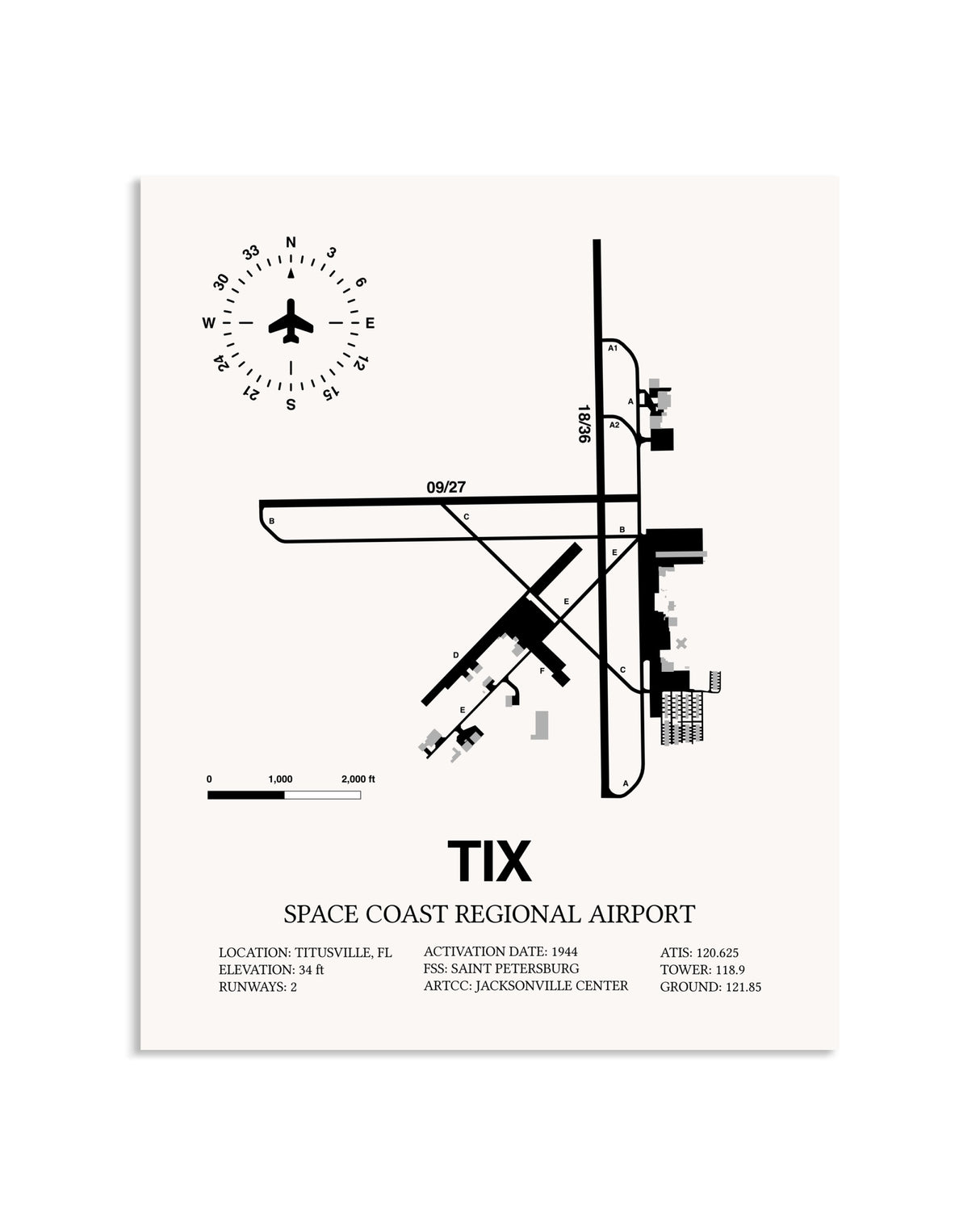 Gray Space Coast Regional Airport framed poster displayed in an airplane hangar