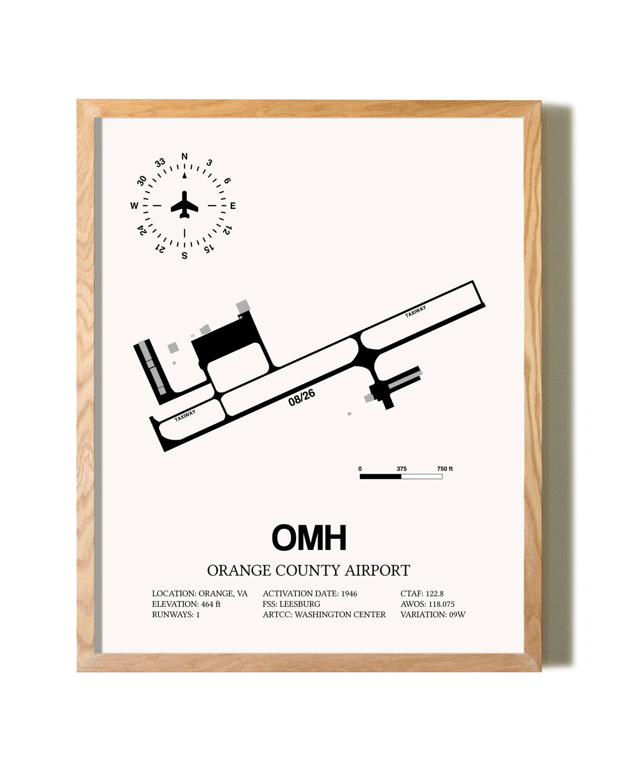 Orange County Airport framed print in natural wood frame