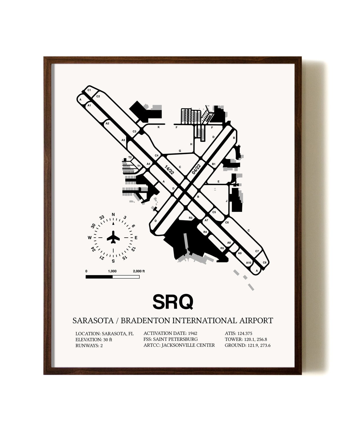 Sarasota / Bradenton International Airport aviation print in walnut frame