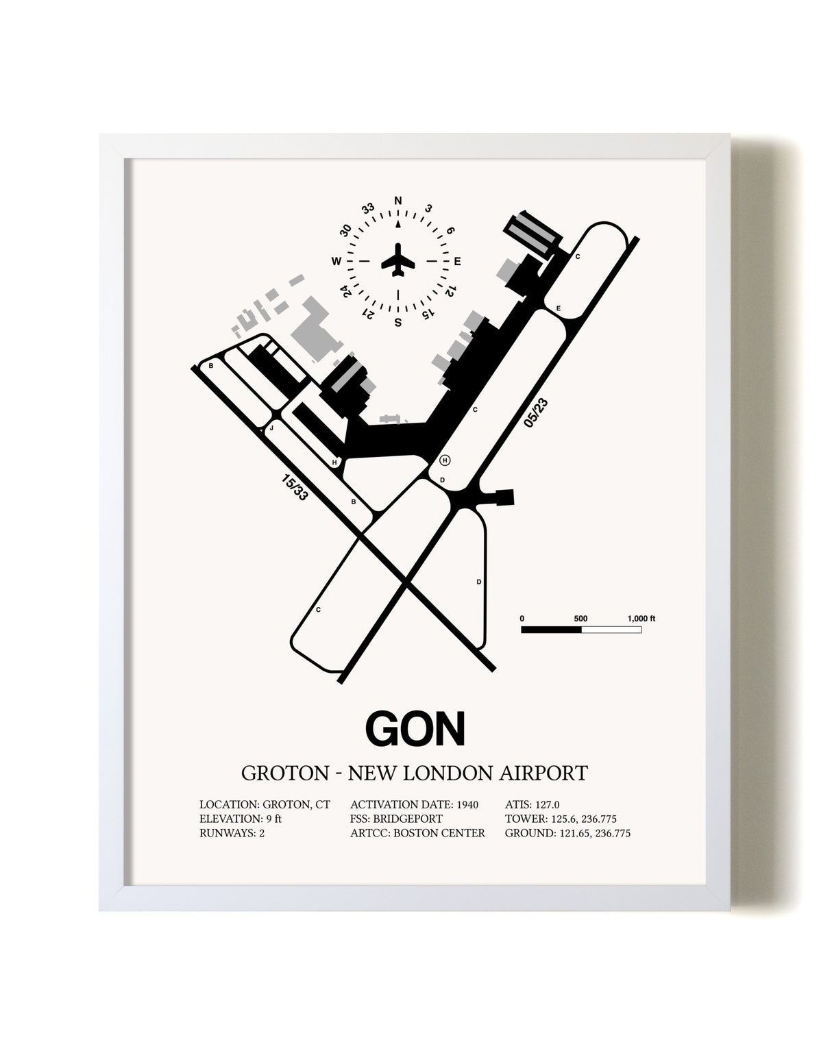 Groton-New London Airport airport map poster in oak frame
