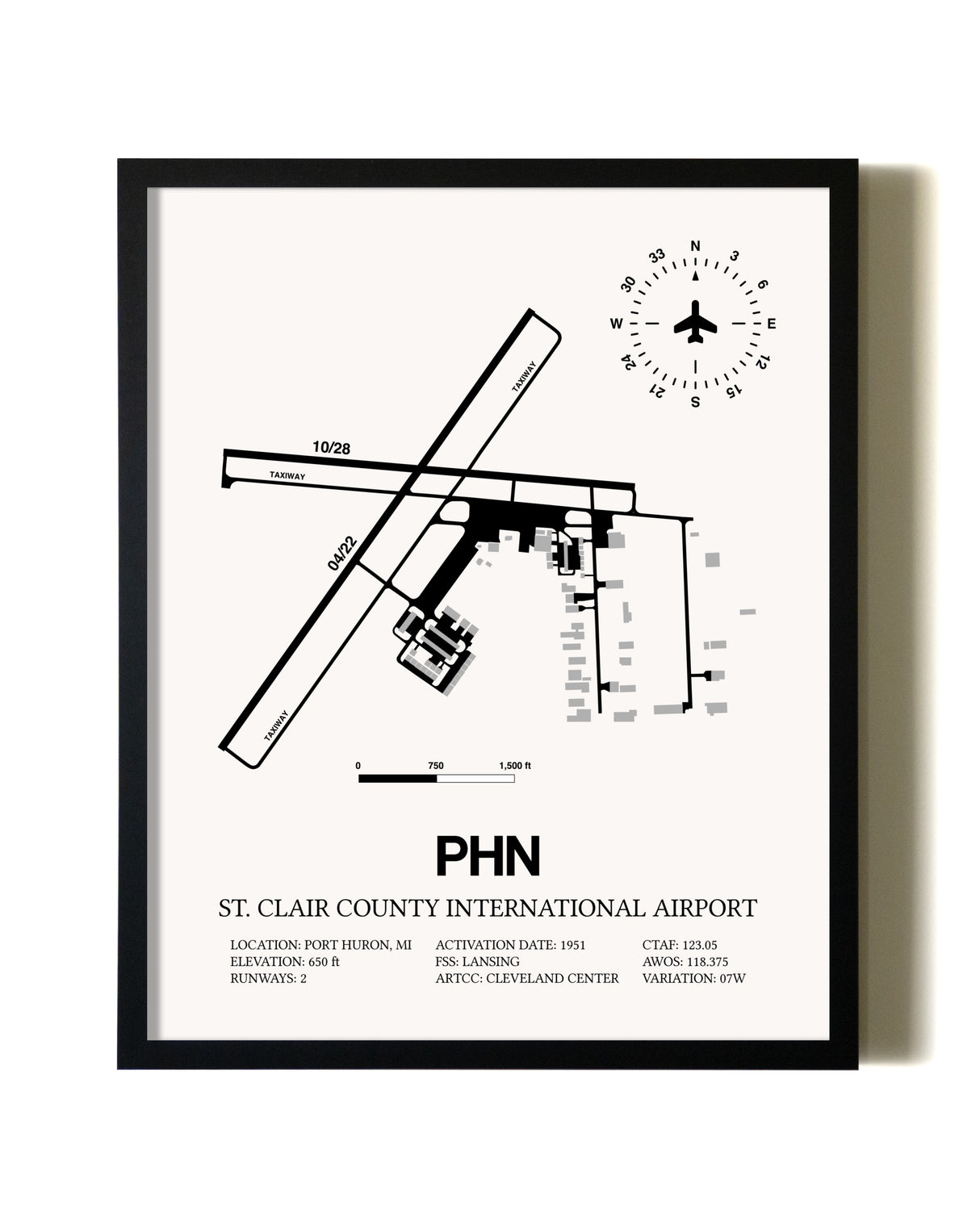 Framed St. Clair County International Airport wall art poster in black frame