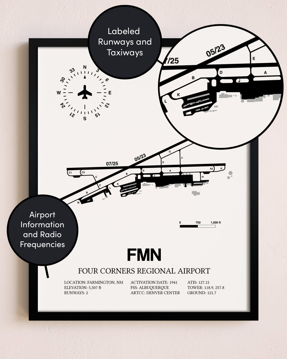 Framed Four Corners Regional Airport layout wall art poster