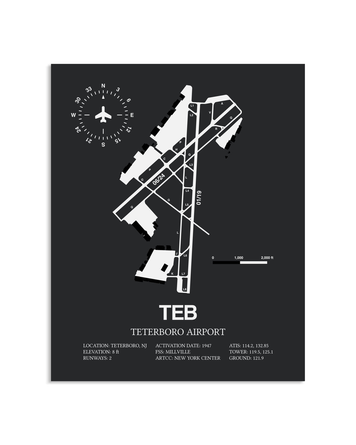 Gray Framed Teterboro Airport layout wall art poster