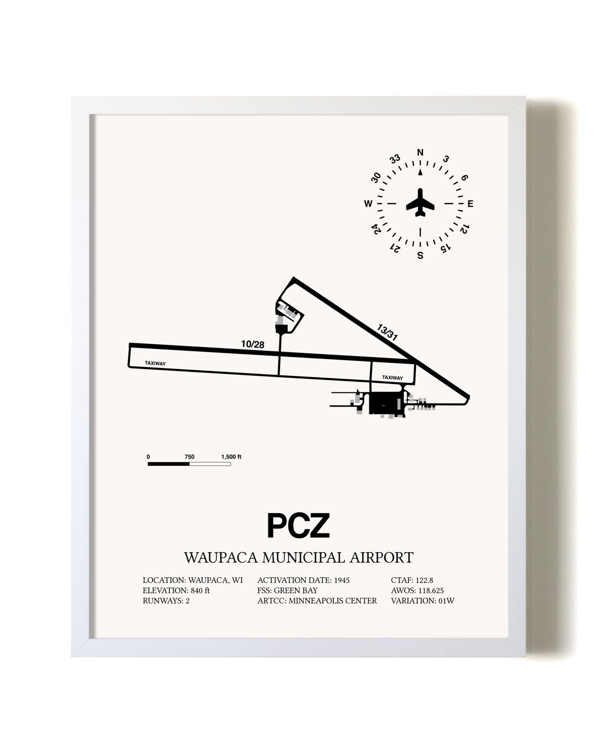 Waupaca Municipal Airport airport map poster in oak frame
