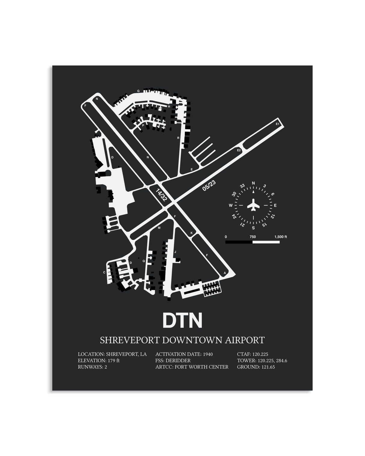 Gray Framed Shreveport Downtown Airport layout wall art poster