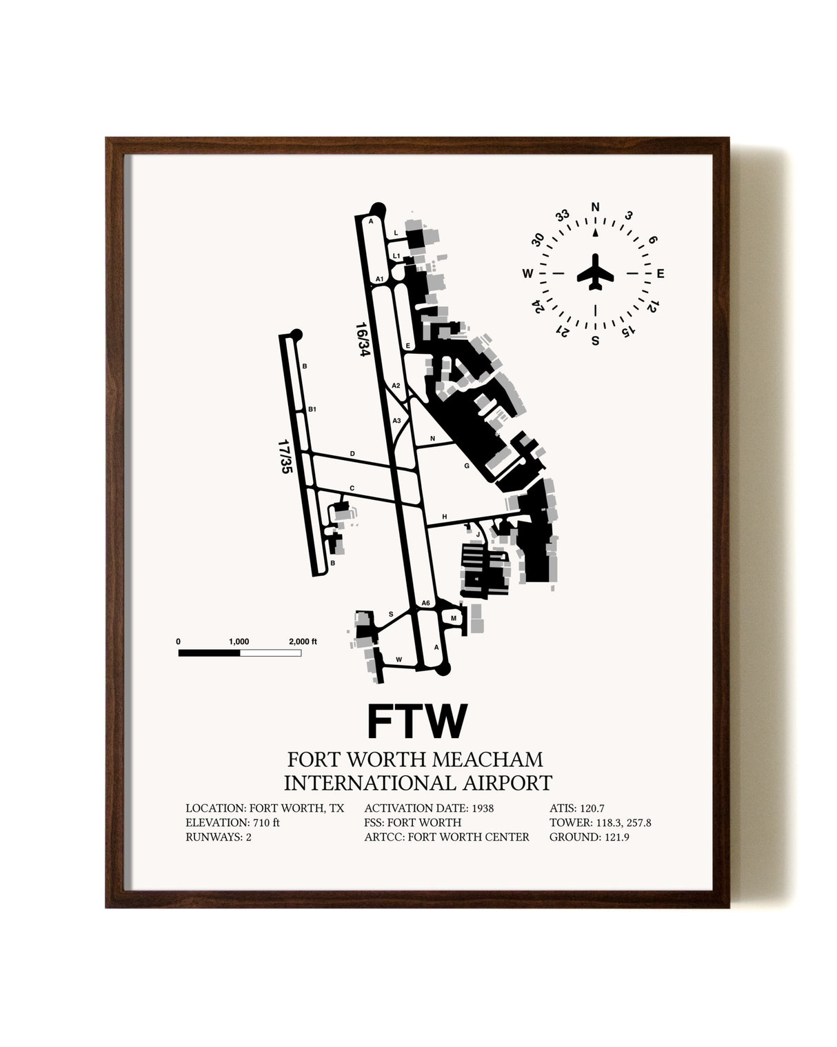 Fort Worth Meacham International Airport aviation print in walnut frame