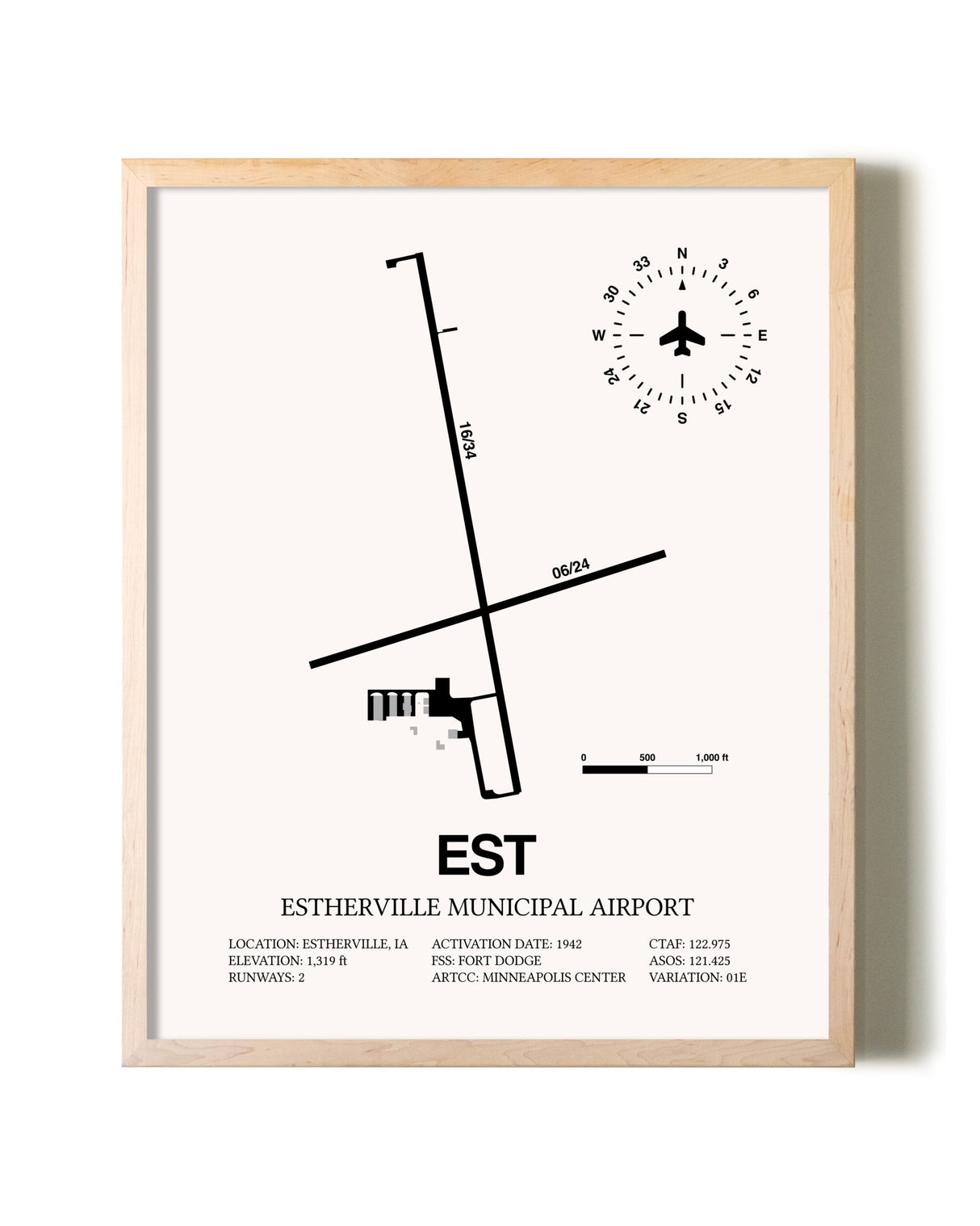 Estherville Municipal Airport framed wall art in white frame