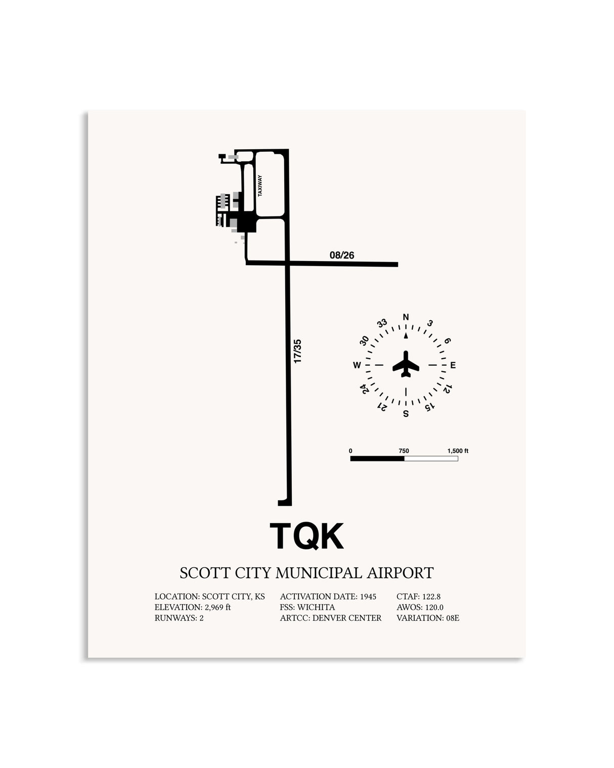 Gray Scott City Municipal Airport framed poster displayed in an airplane hangar