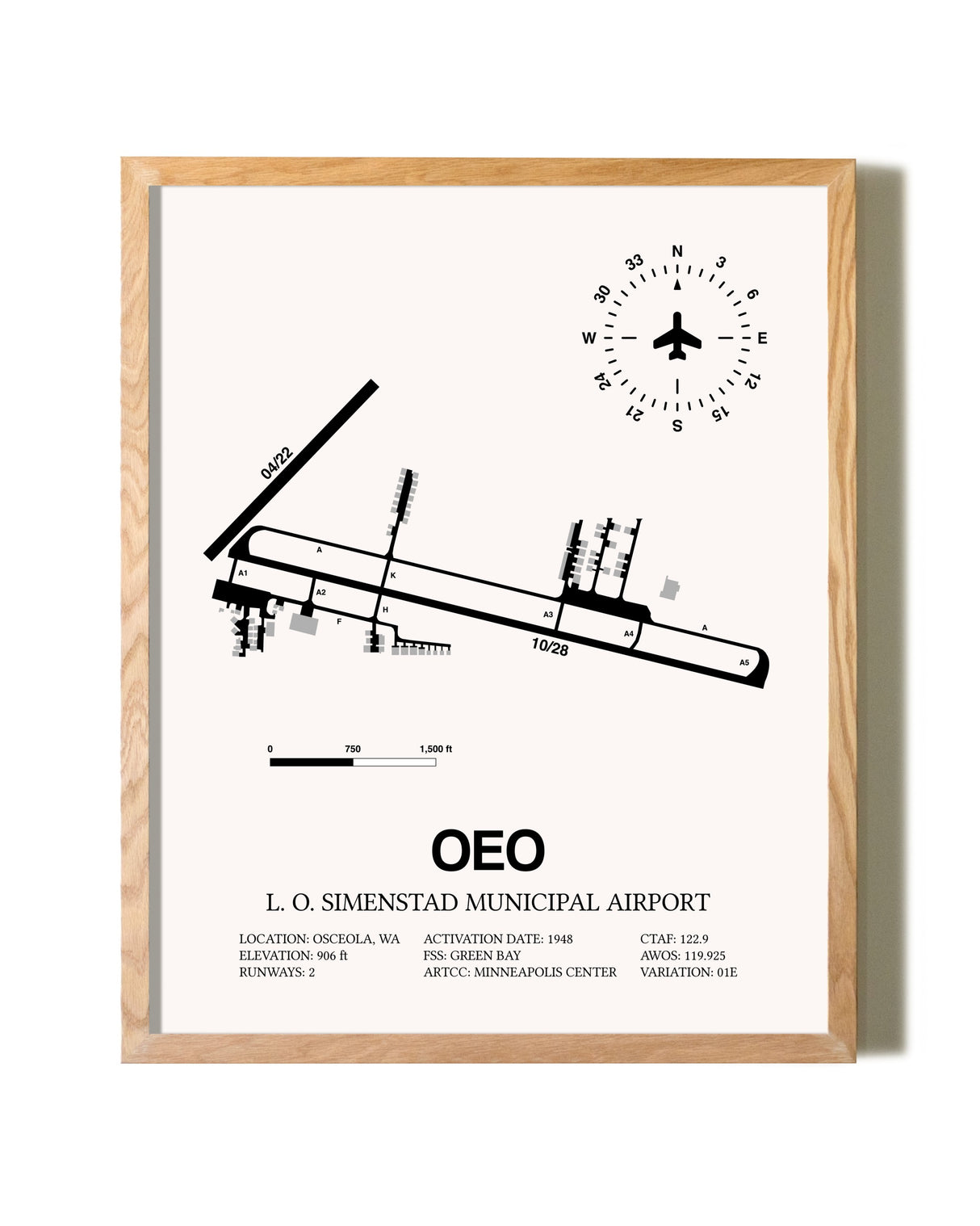 L. O. Simenstad Municipal Airport framed print in natural wood frame