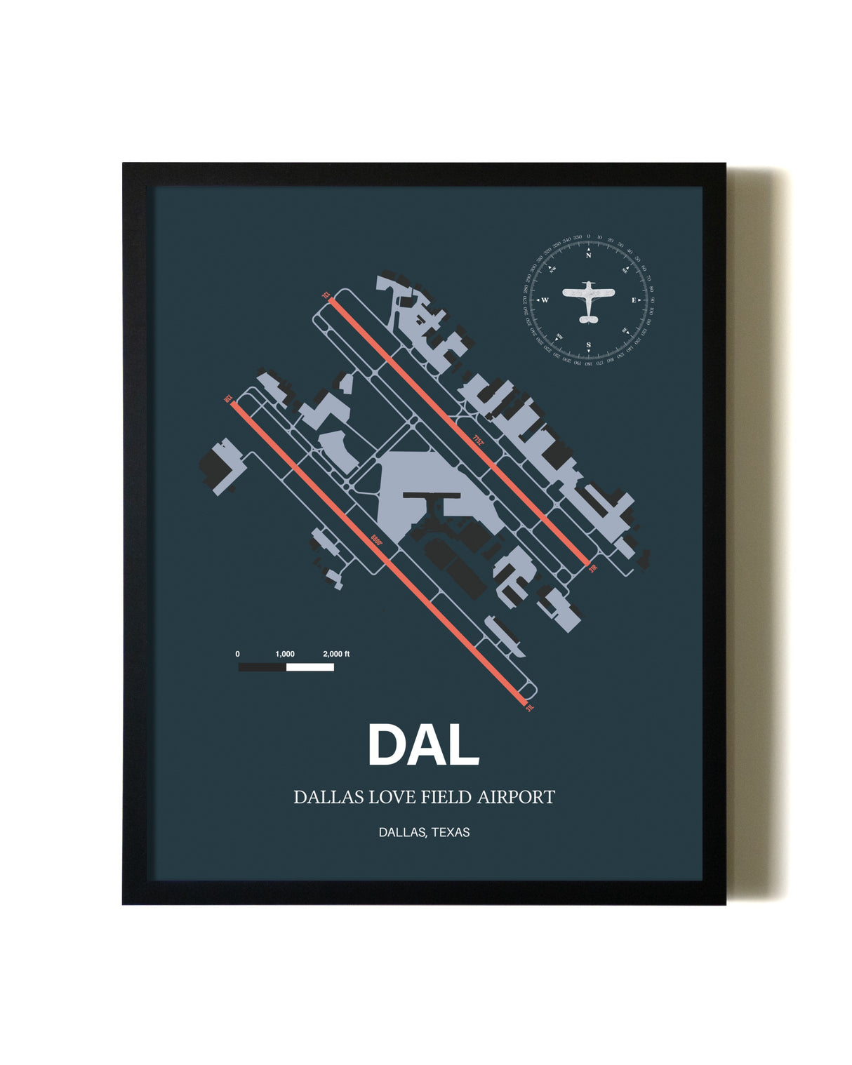 Slate Framed Dallas Love Field Airport wall art poster in black frame