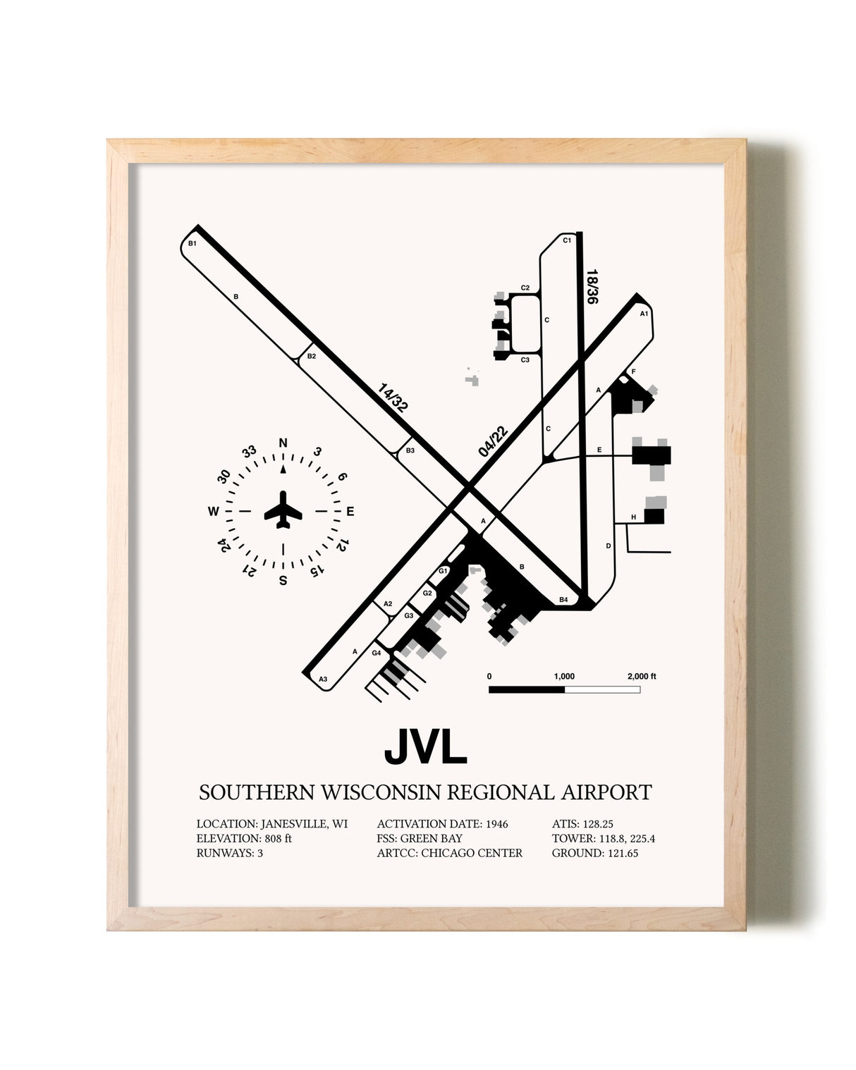 Southern Wisconsin Regional Airport framed wall art in white frame