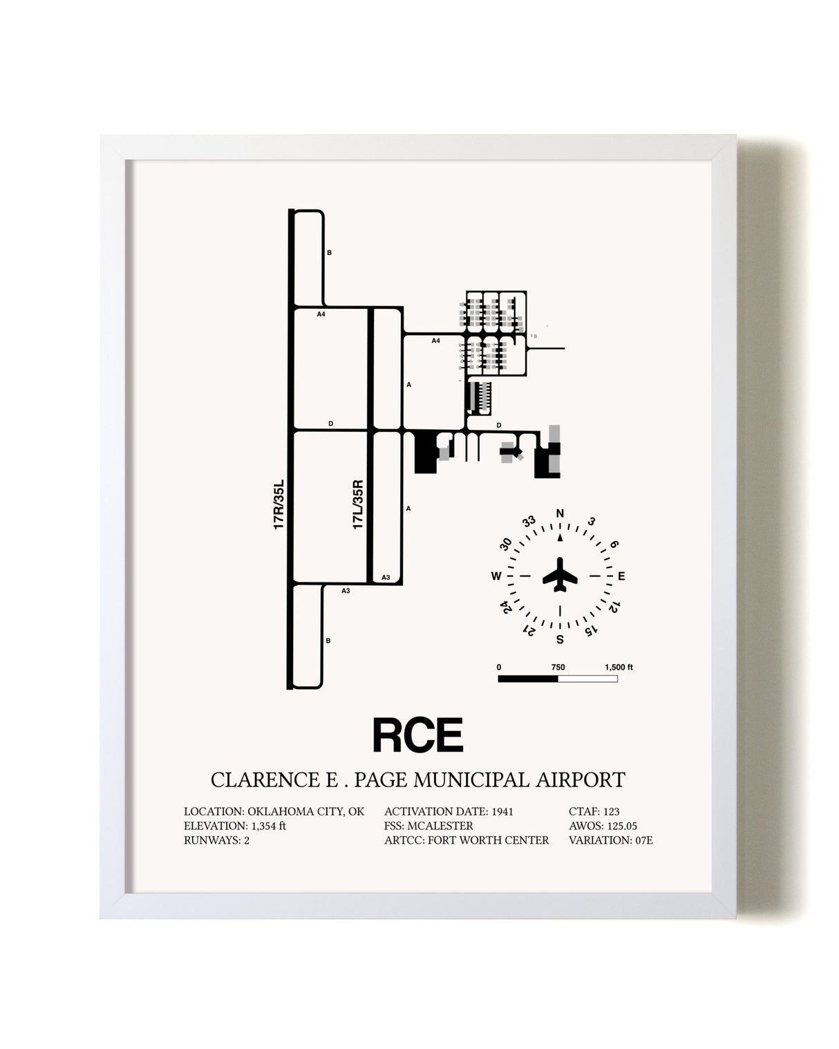 Clarence E. Page Municipal Airport airport map poster in oak frame