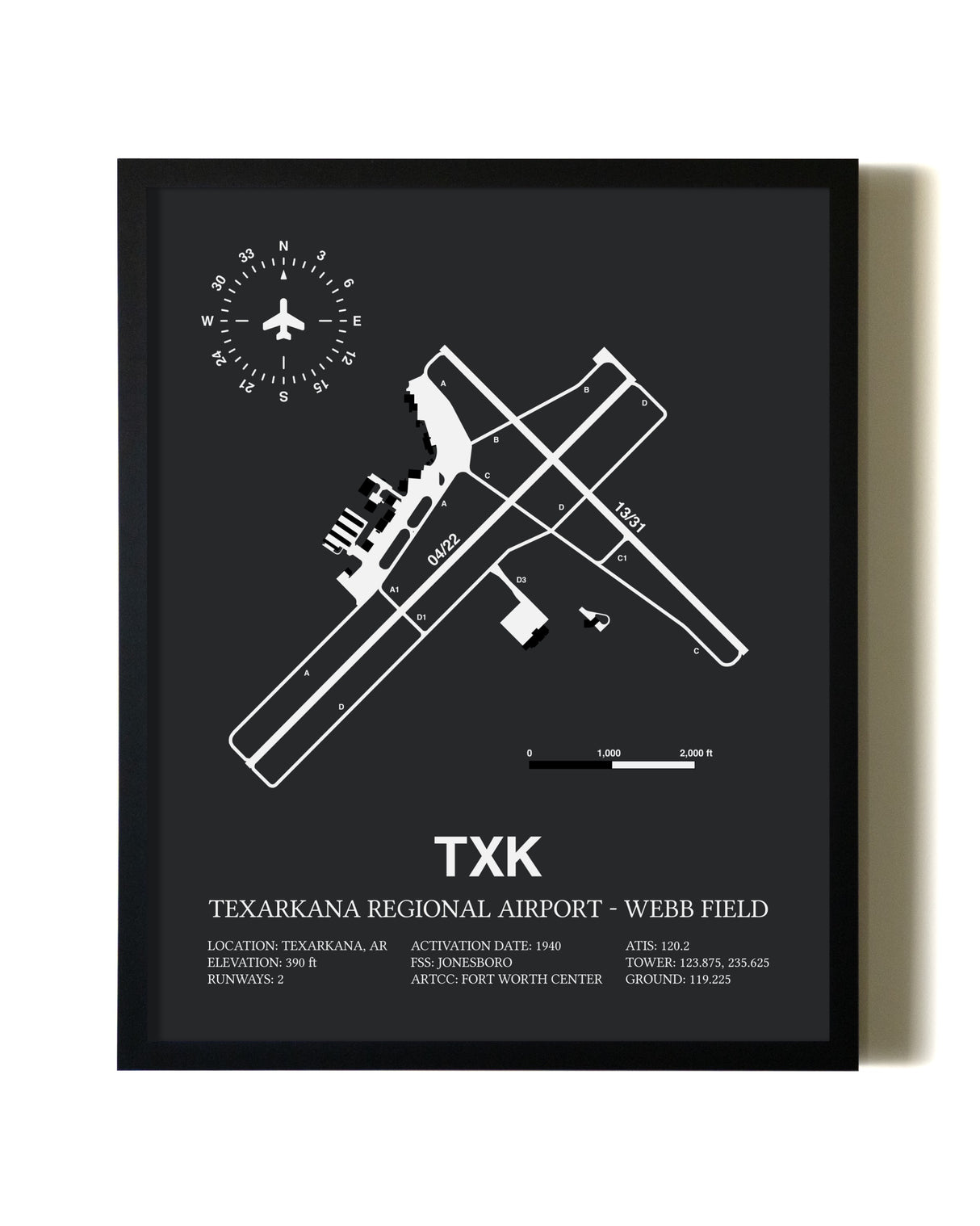 Unframed Texarkana Regional Airport-Webb Field map print poster