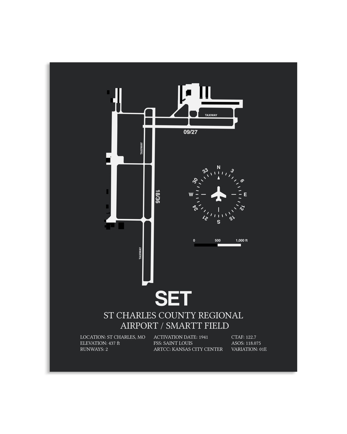 Gray Framed St. Charles County Regional Airport / Smartt Field layout wall art poster