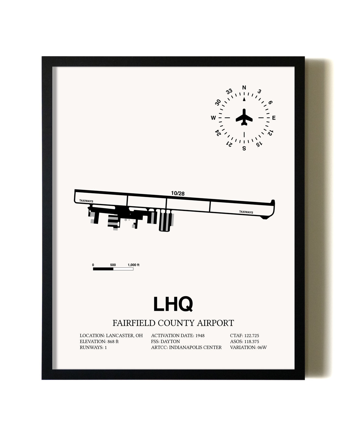 Framed Fairfield County Airport wall art poster in black frame