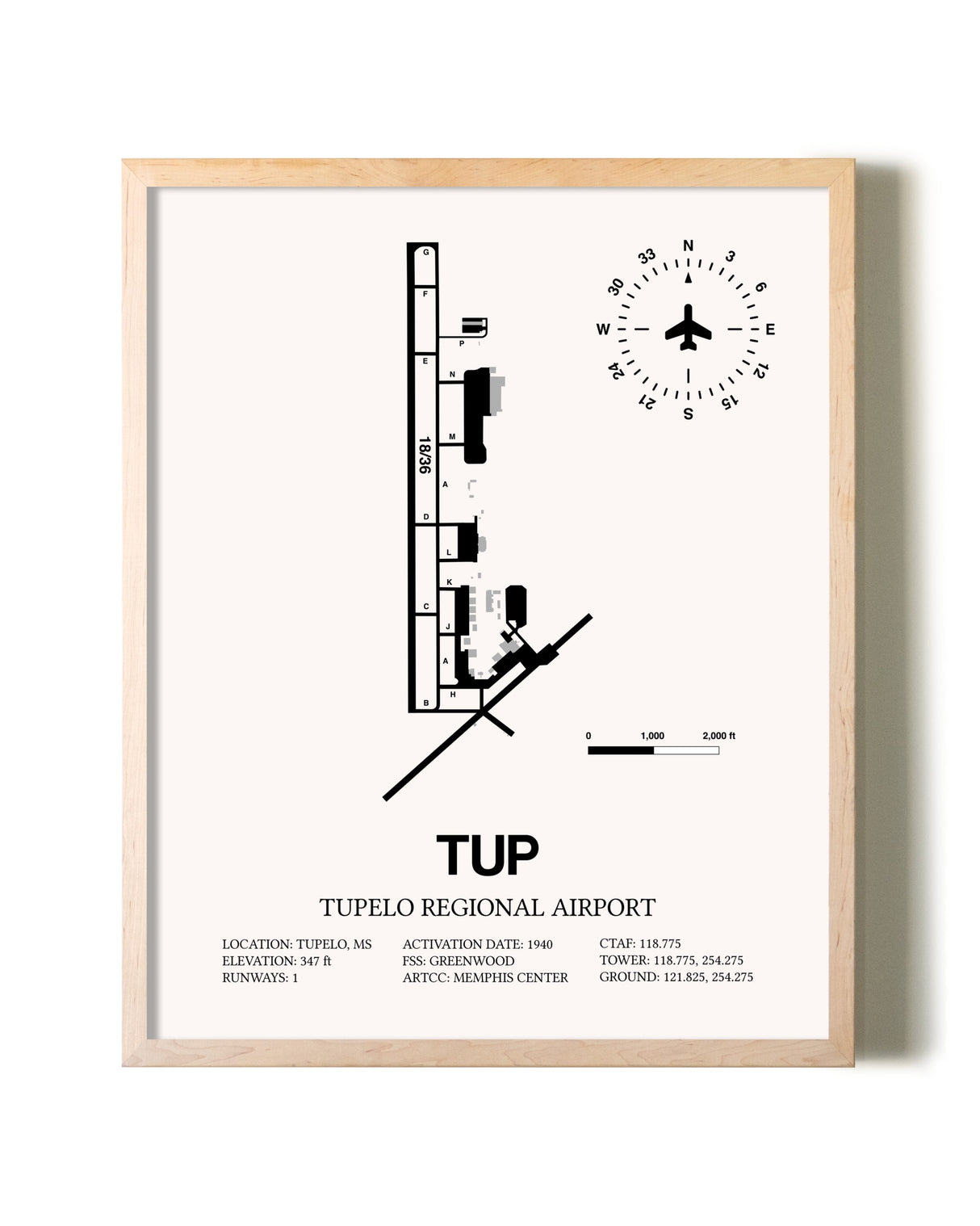 Tupelo Regional Airport framed wall art in white frame