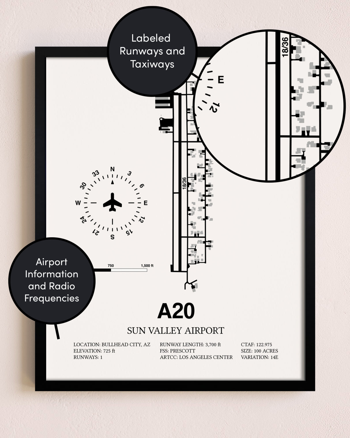 Framed Sun Valley Airport layout wall art poster