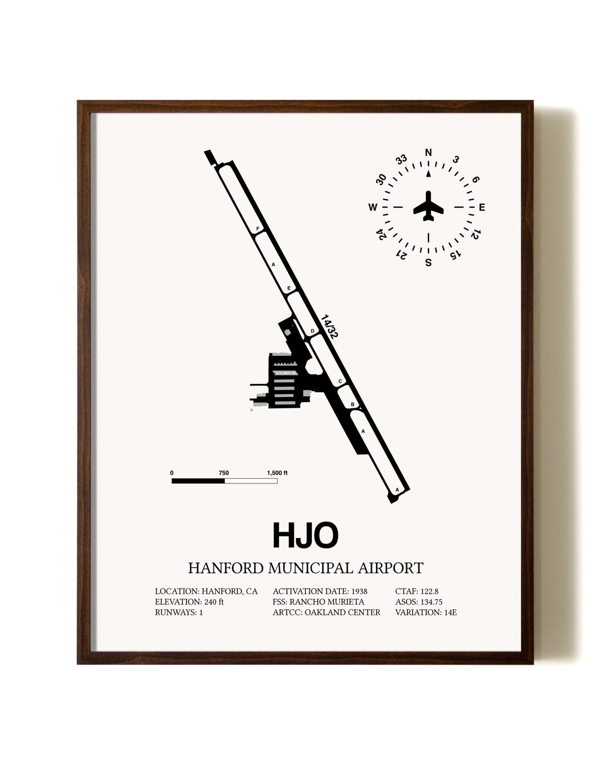 Hanford Municipal Airport aviation print in walnut frame