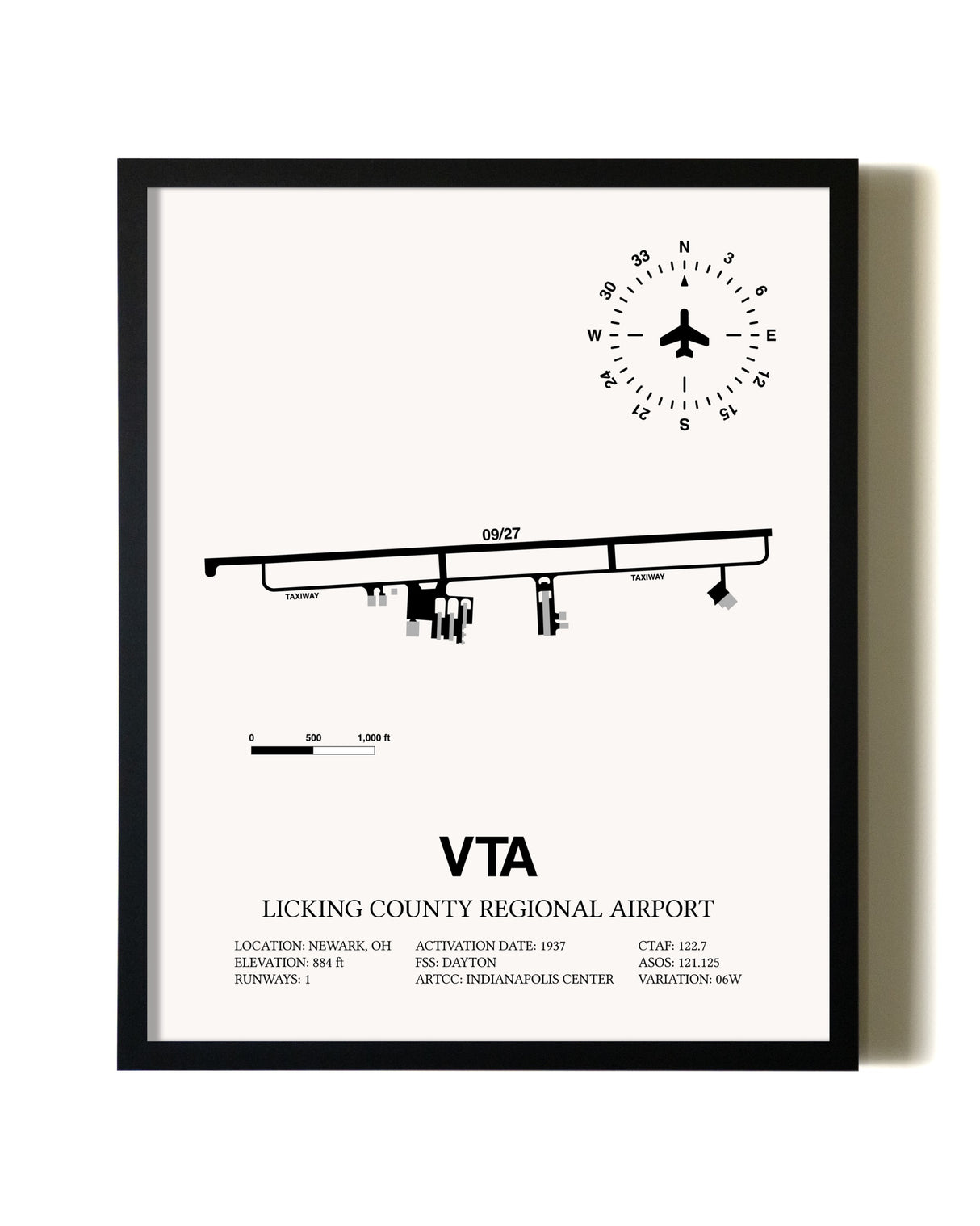 Framed Licking County Regional Airport wall art poster in black frame