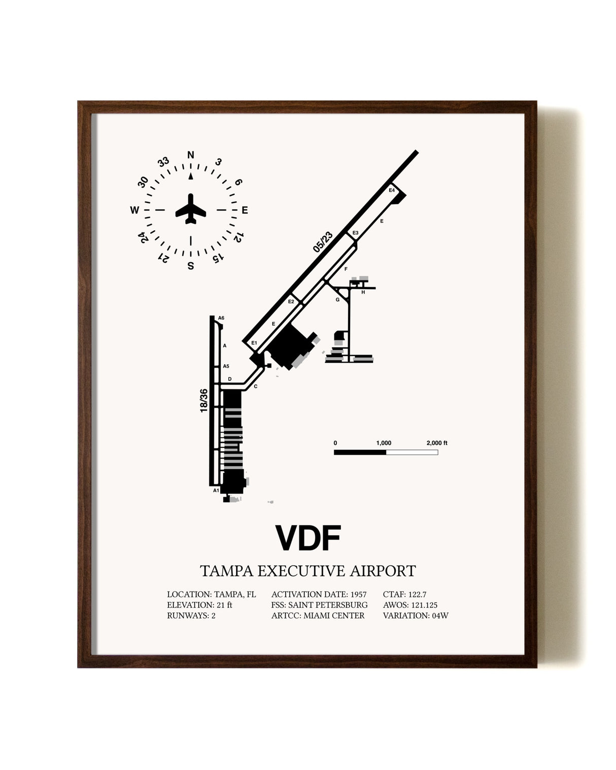Tampa Executive Airport aviation print in walnut frame