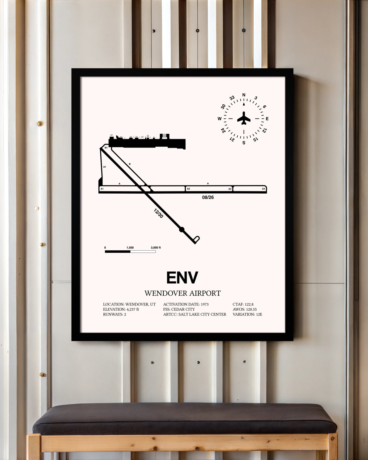 Wendover Airport framed poster displayed in an airplane hangar