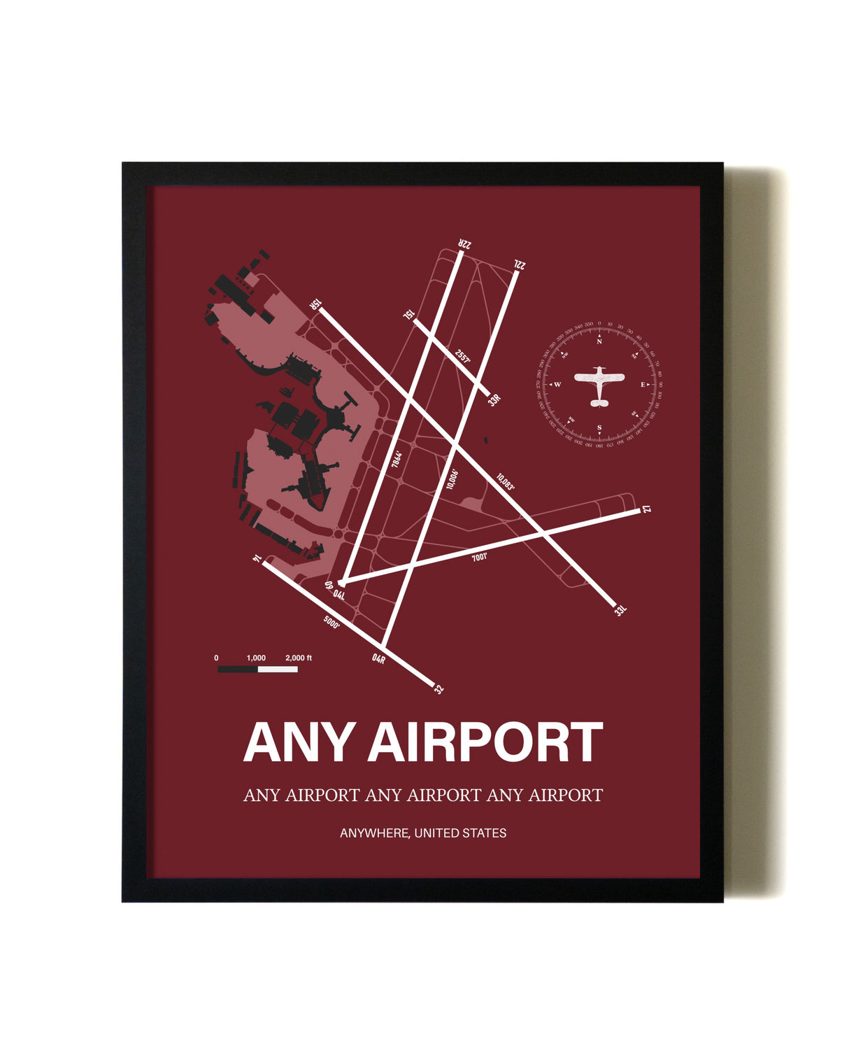 Red Framed Any Airport wall art poster in black frame