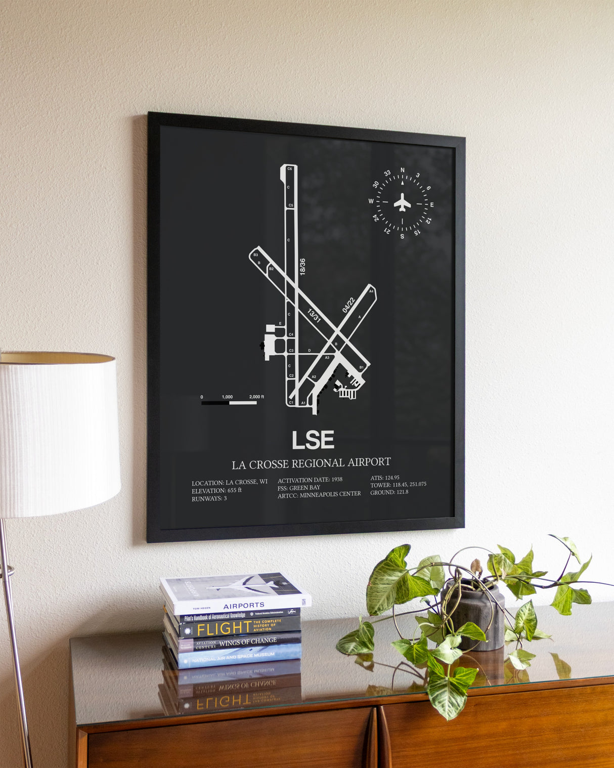 Gray Framed La Crosse Regional Airport wall art poster in black frame