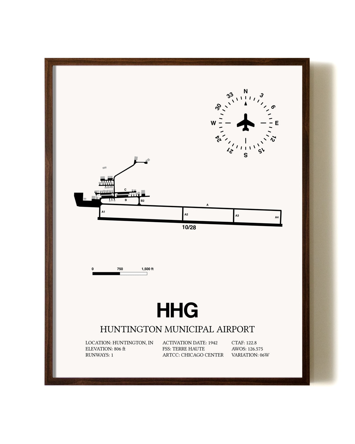Huntington Municipal Airport aviation print in walnut frame