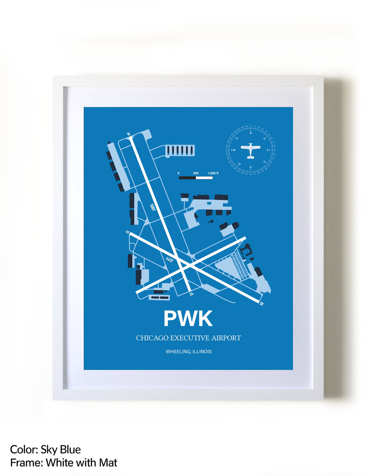 Chicago Executive Airport framed wall art in white frame with mat