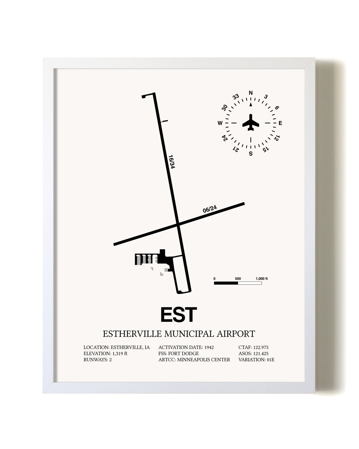 Estherville Municipal Airport airport map poster in oak frame