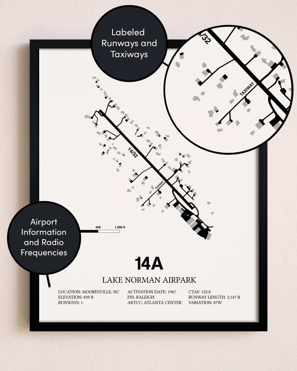 Framed Lake Norman Airpark layout wall art poster