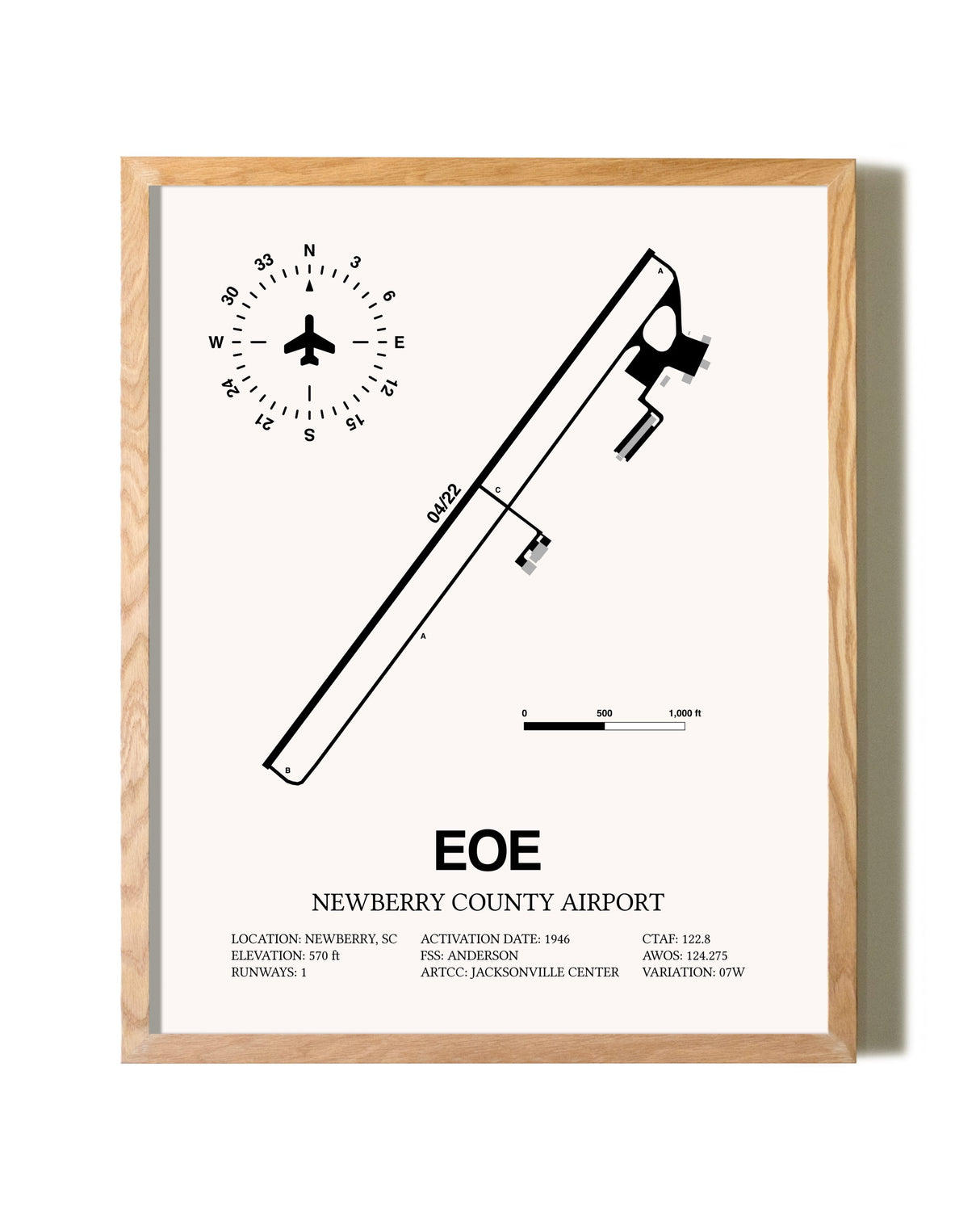 Newberry County Airport framed print in natural wood frame