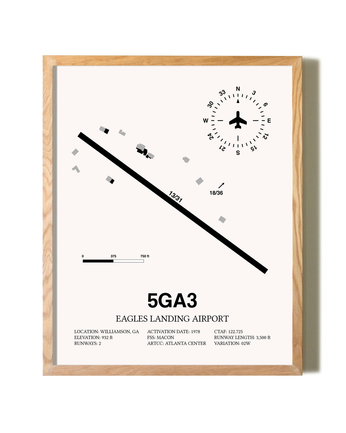 Eagles Landing Airport framed print in natural wood frame
