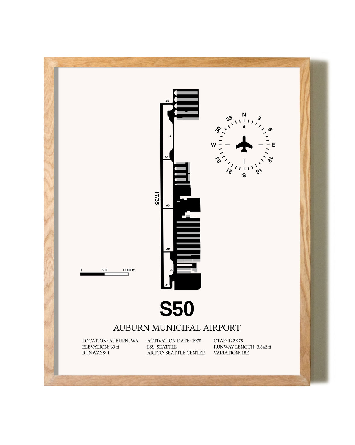 Auburn Municipal Airport framed print in natural wood frame