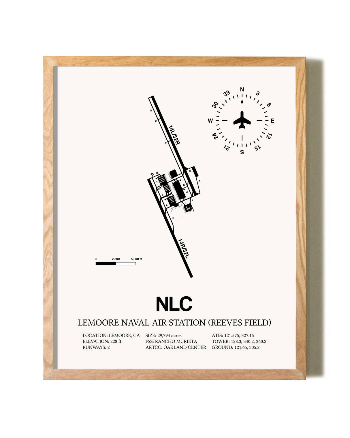 Lemoore Naval Air Station (Reeves Field) framed print in natural wood frame