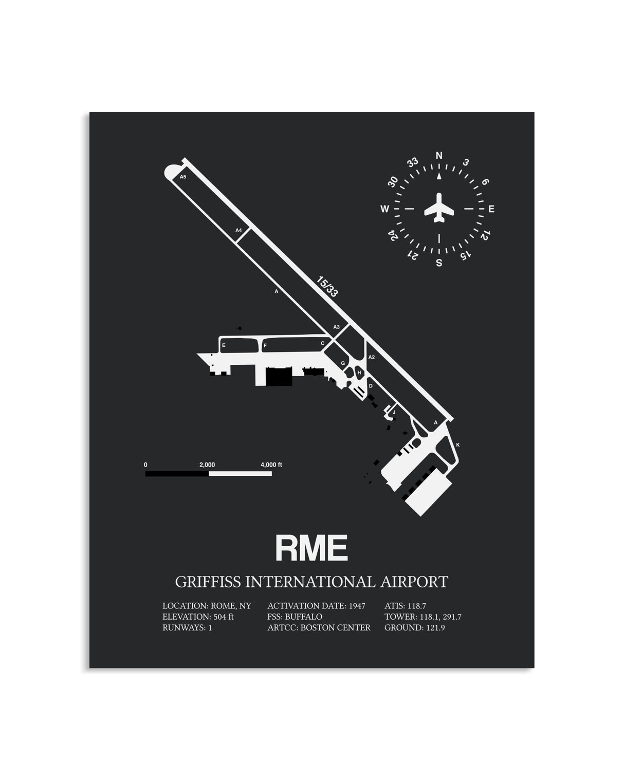 Gray Framed Griffiss International Airport layout wall art poster