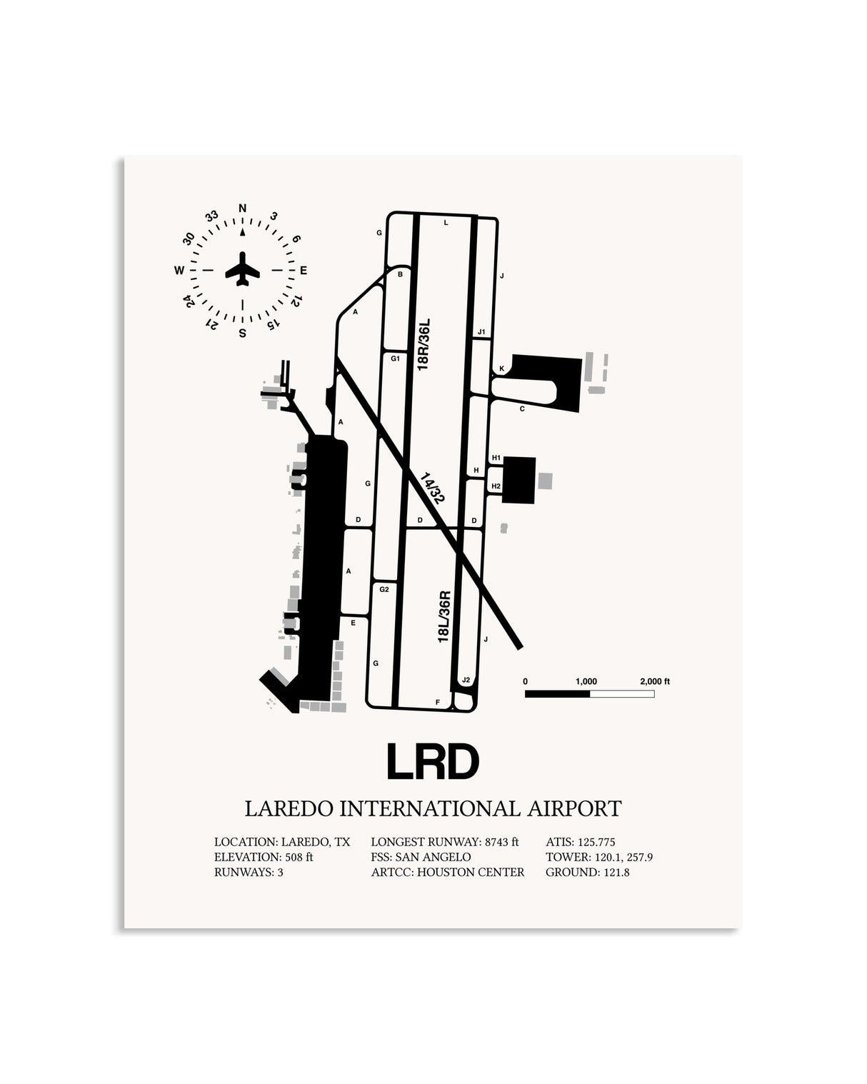 Gray Laredo International Airport framed poster displayed in an airplane hangar