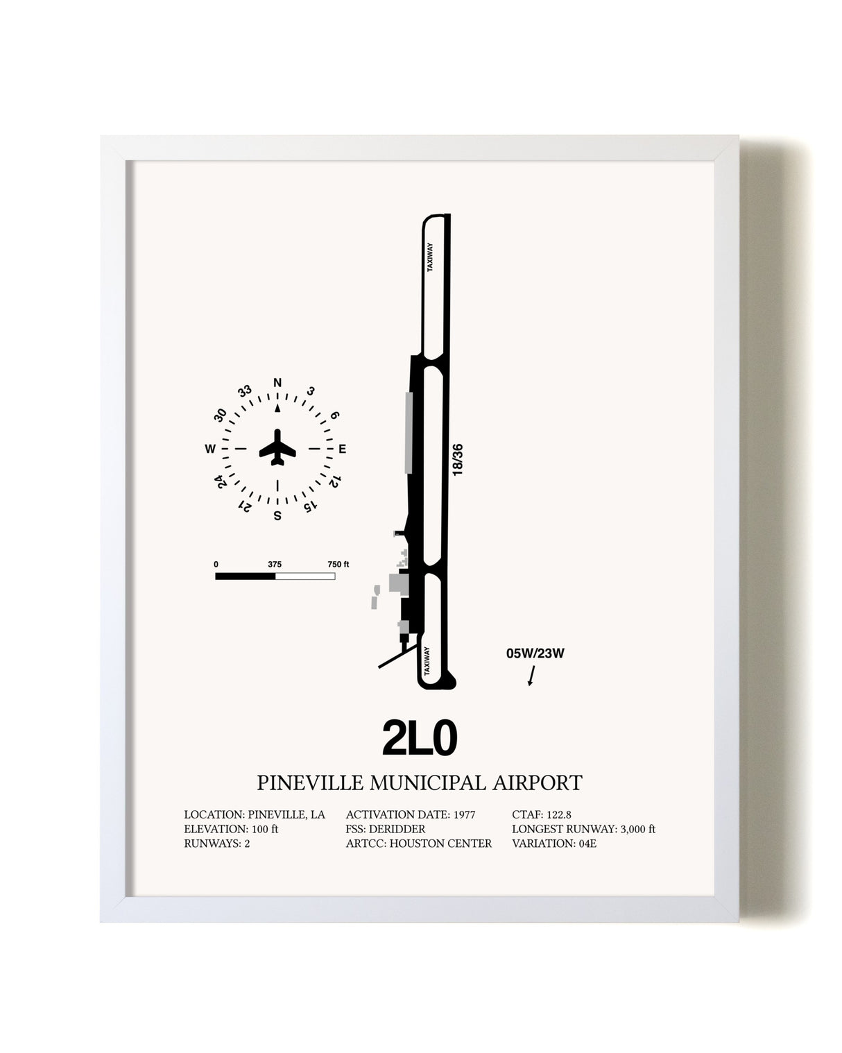 Pineville Municipal Airport airport map poster in oak frame