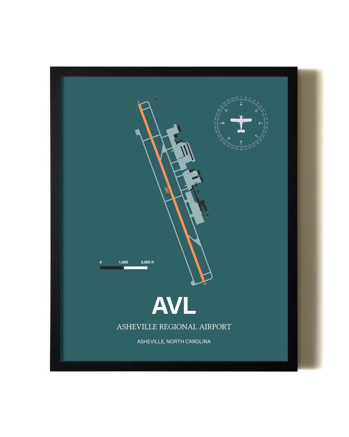 Green Asheville Regional Airport aviation wall décor in black wood frame