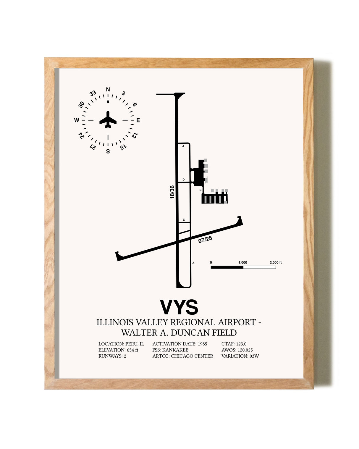 Illinois Valley Regional Airport-Walter A. Duncan Field framed print in natural wood frame
