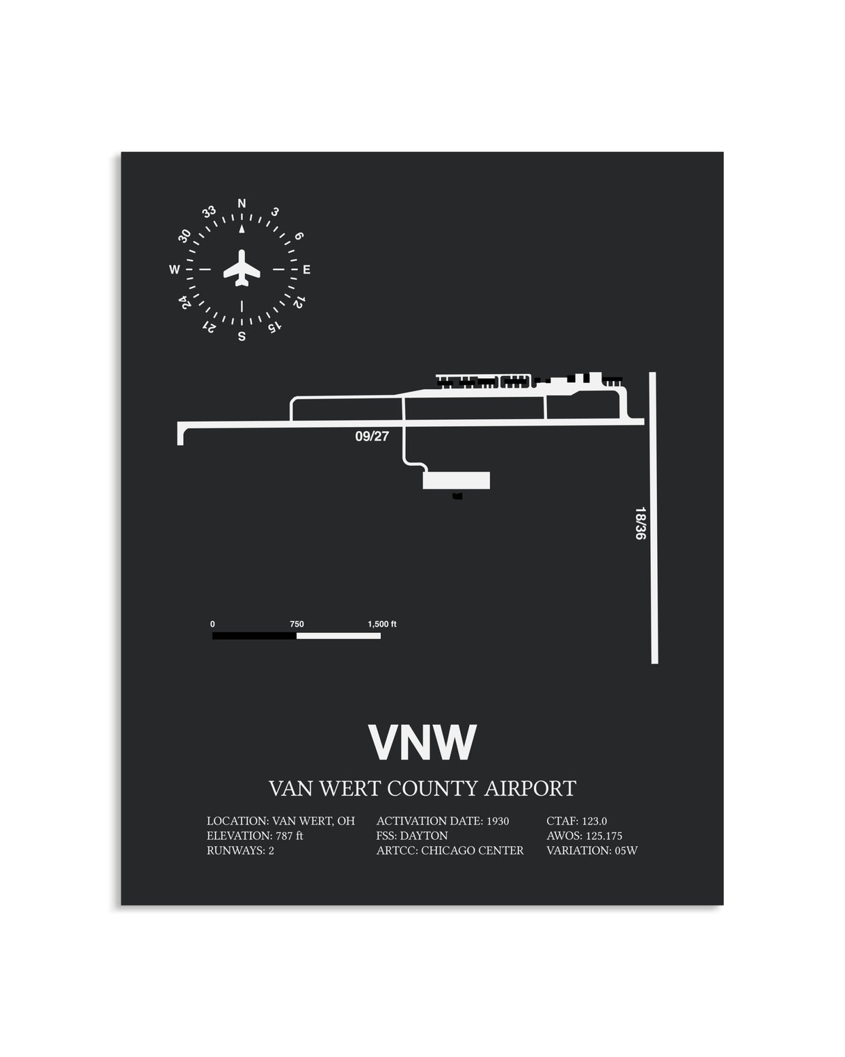Gray Framed Van Wert County Airport layout wall art poster