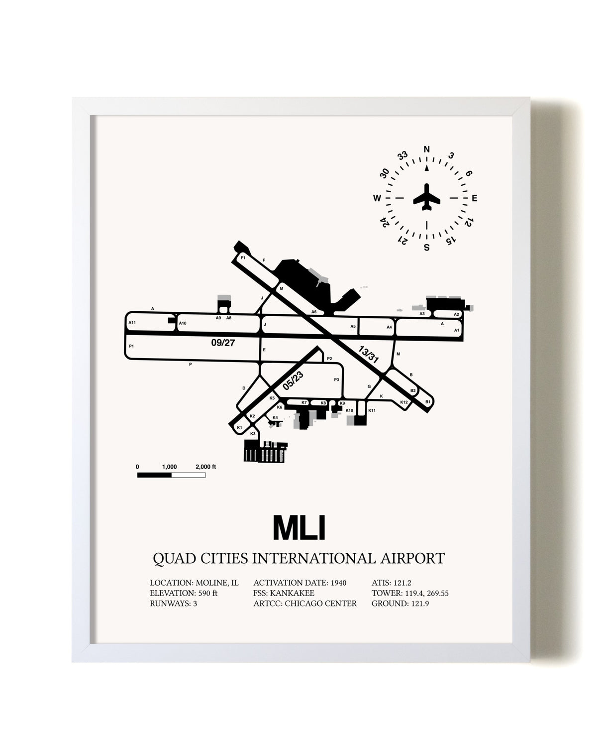 Quad Cities International Airport airport map poster in oak frame