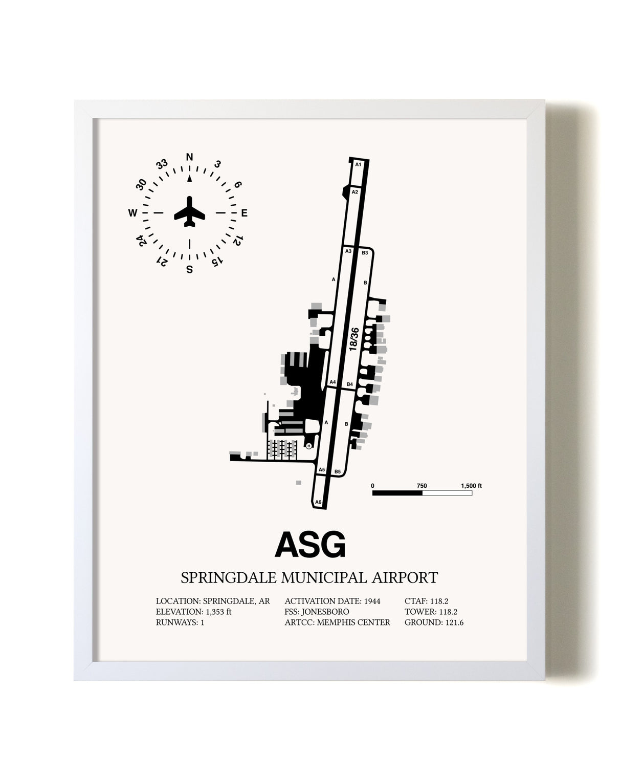 Springdale Municipal Airport airport map poster in oak frame