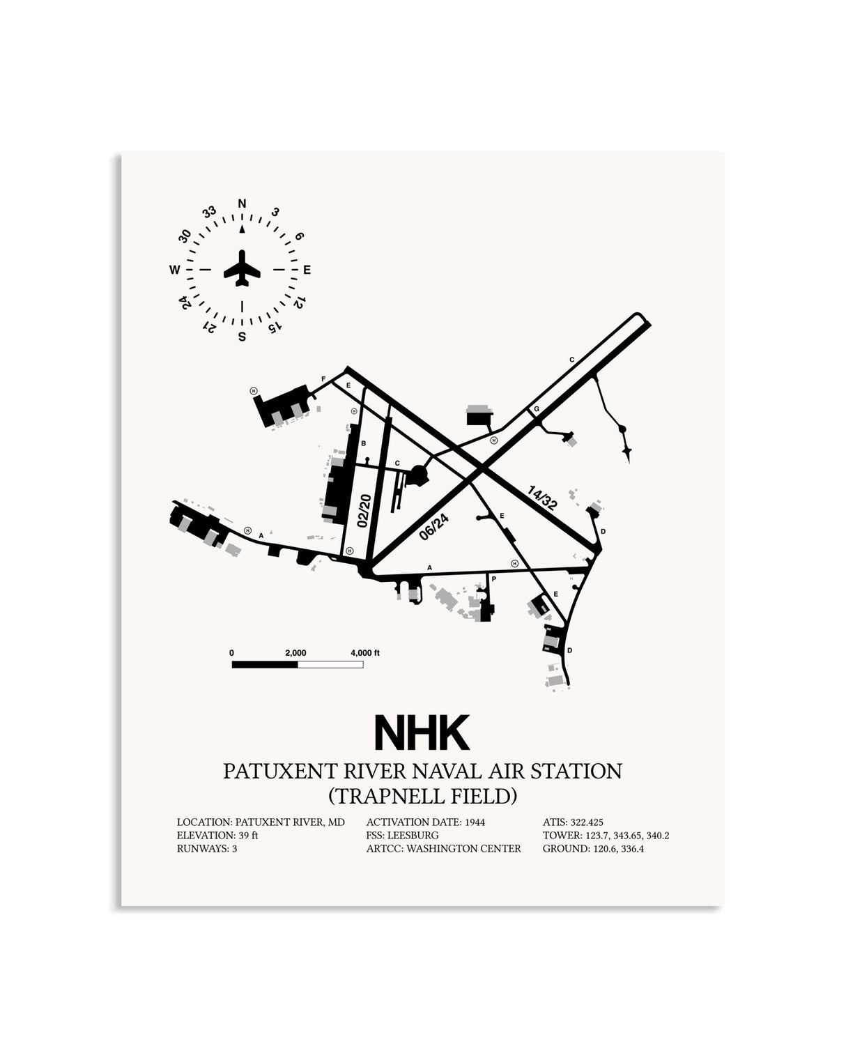 Gray Patuxent River Naval Air Station (Trapnell Field) framed poster displayed in an airplane hangar