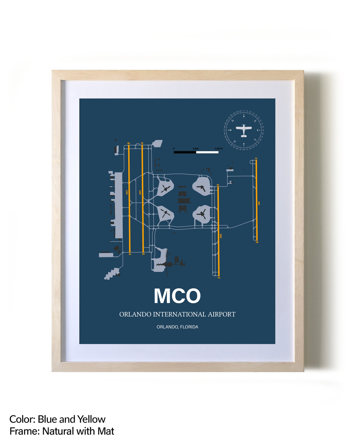 Orlando International Airport framed print in natural wood frame with mat