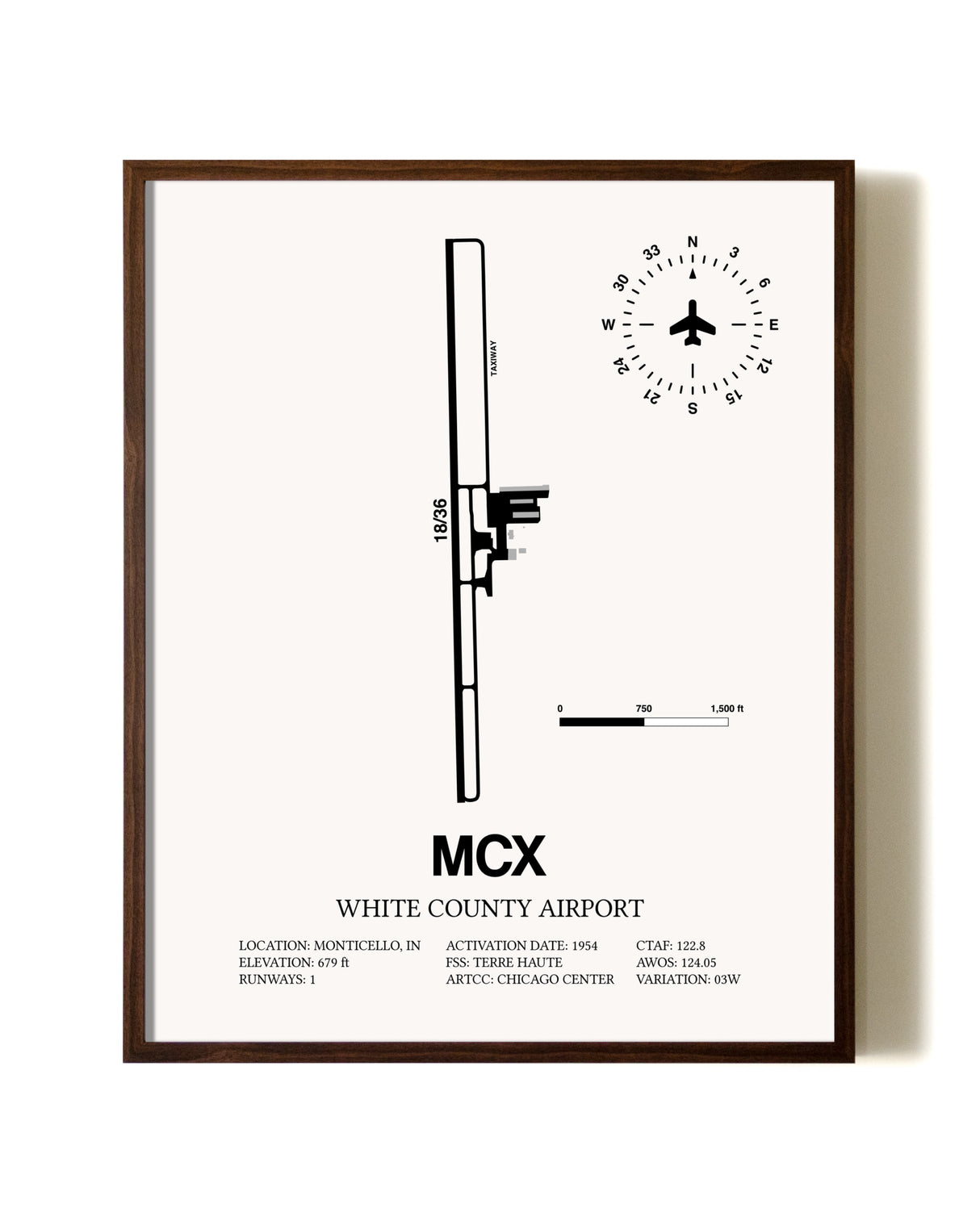 White County Airport aviation print in walnut frame