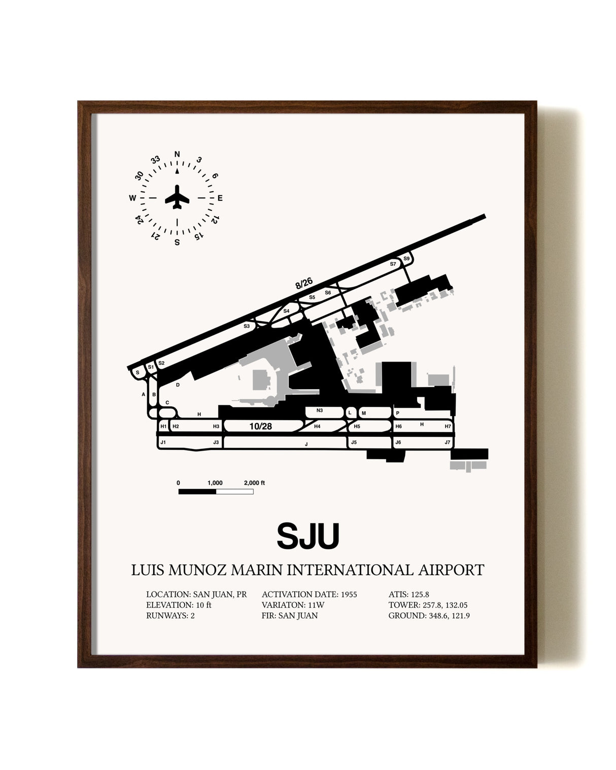 Luis Munoz Marin International Airport aviation print in walnut frame