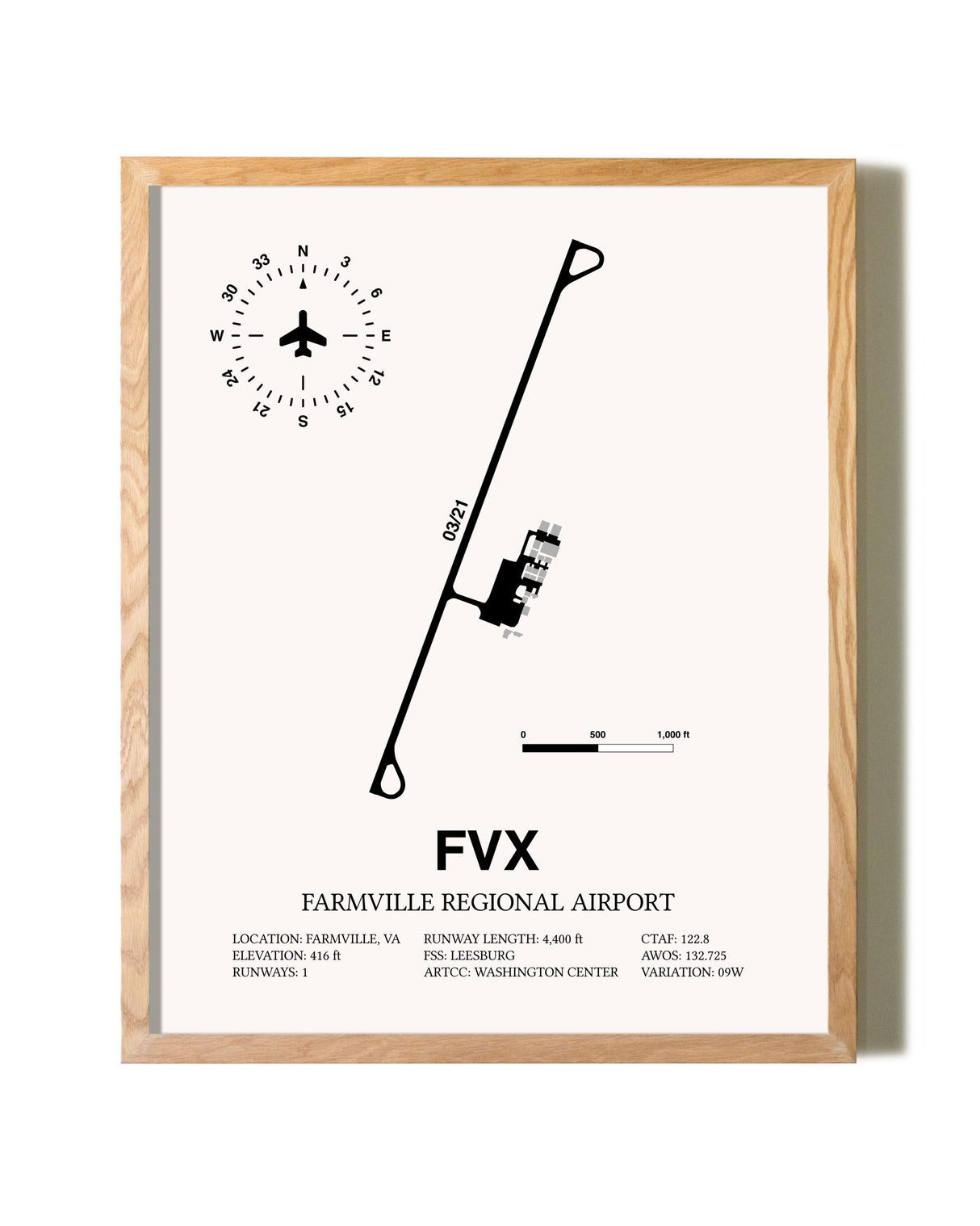 Farmville Regional Airport framed print in natural wood frame