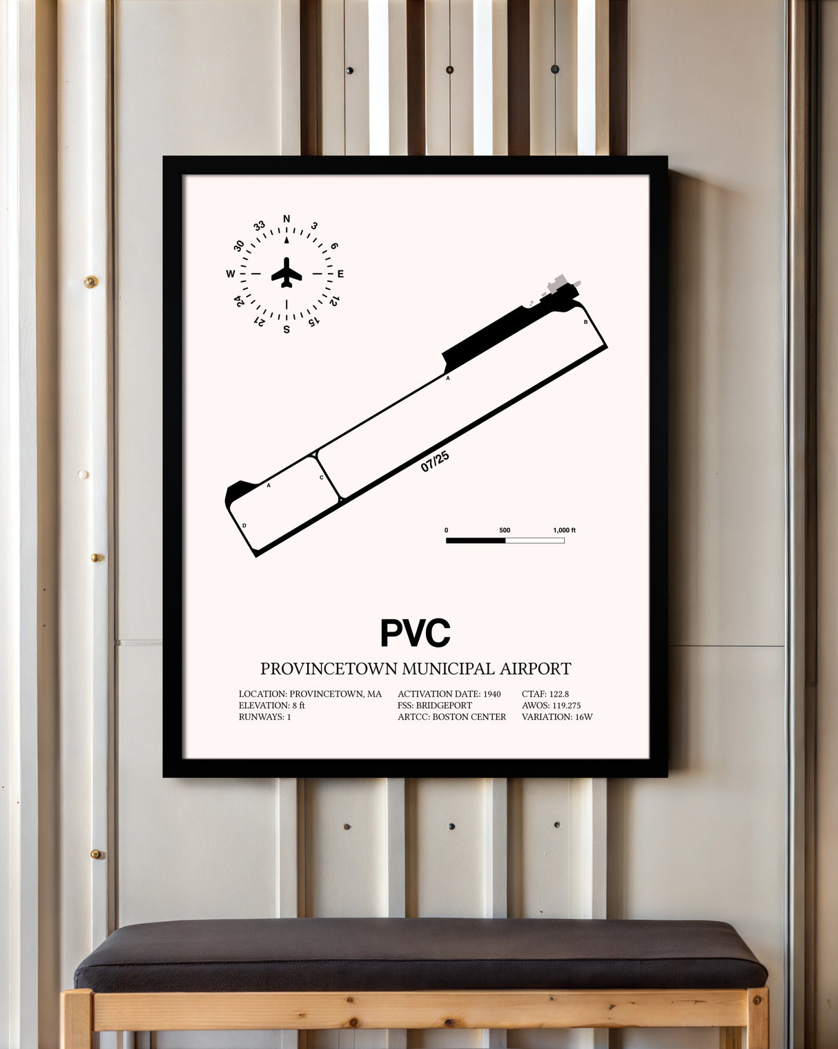 Provincetown Municipal Airport framed poster displayed in an airplane hangar