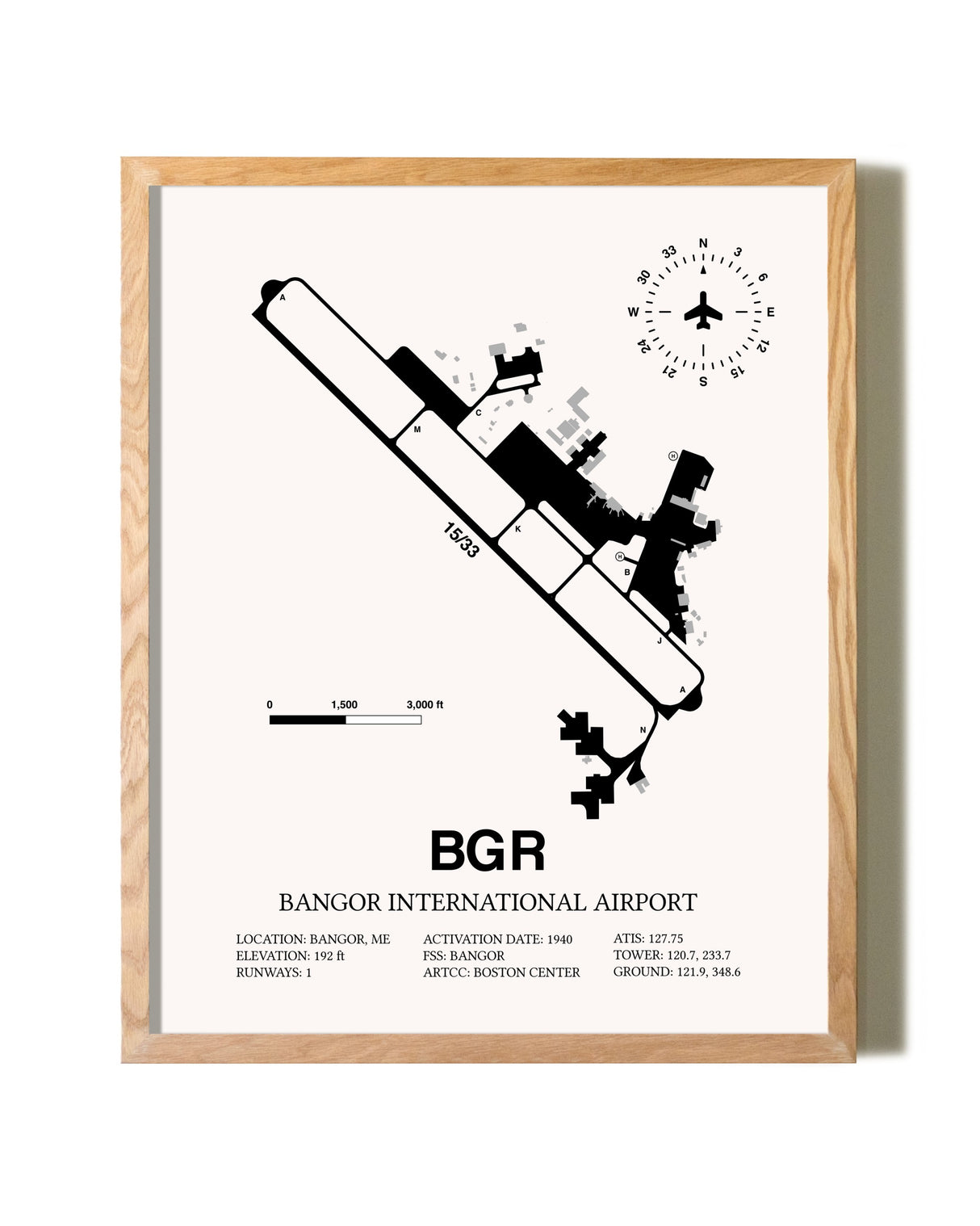 Bangor International Airport framed print in natural wood frame